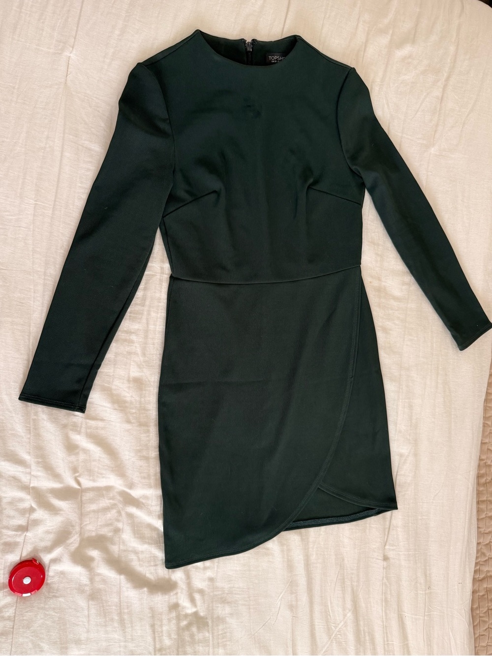 Topshop Deep Green Long Sleeve Asymmetric Hem Dress